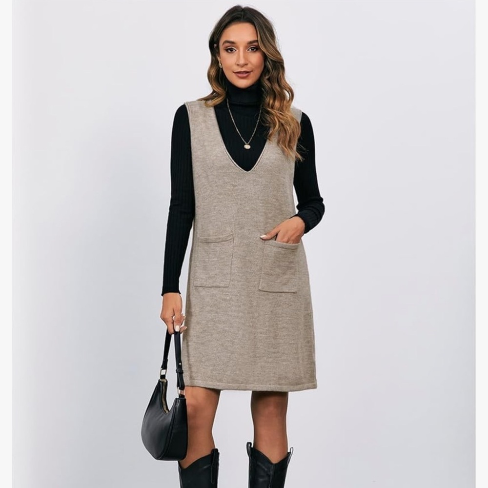 Women's Knitted Solid Sweater Dress V Neck Sleeveless Short with Pockets Brown